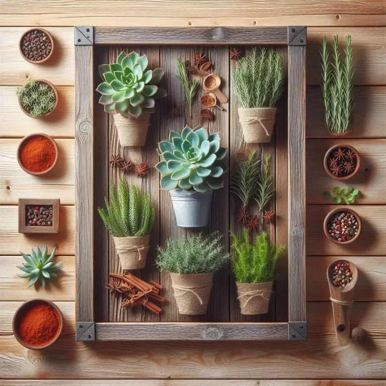 Imagem de uma horta vertical com temperos: "Horta vertical com temperos frescos em moldura"